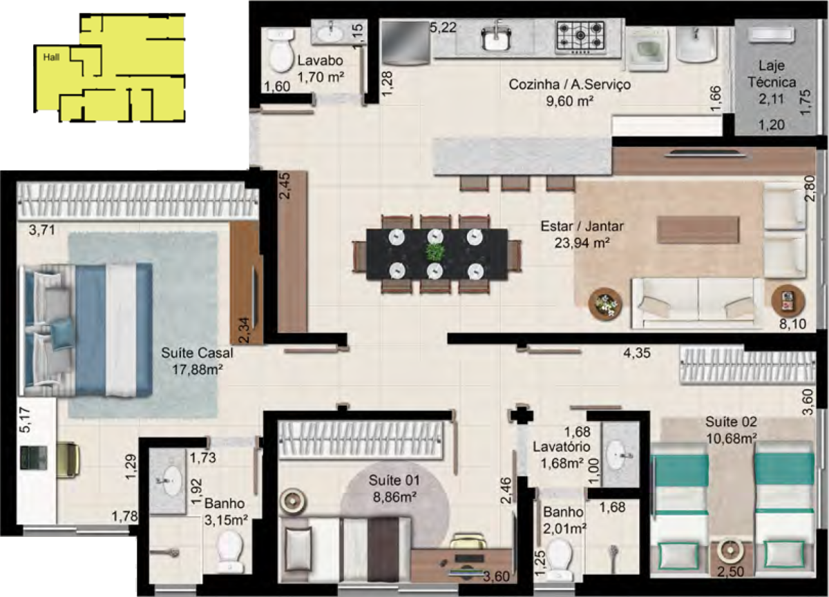 Planta finais 01 e 02 com 3 suítes do empreendimento Best Bueno, da Sim Inc em Goiânia.