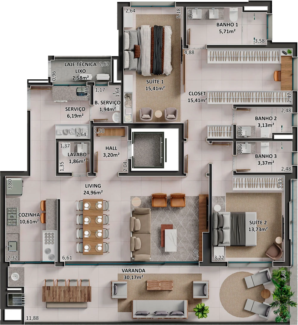 Planta tipo personalizada com quarto extendido do apartamento do Diamond Park em Sorriso/MT da Sim Incorporadora
