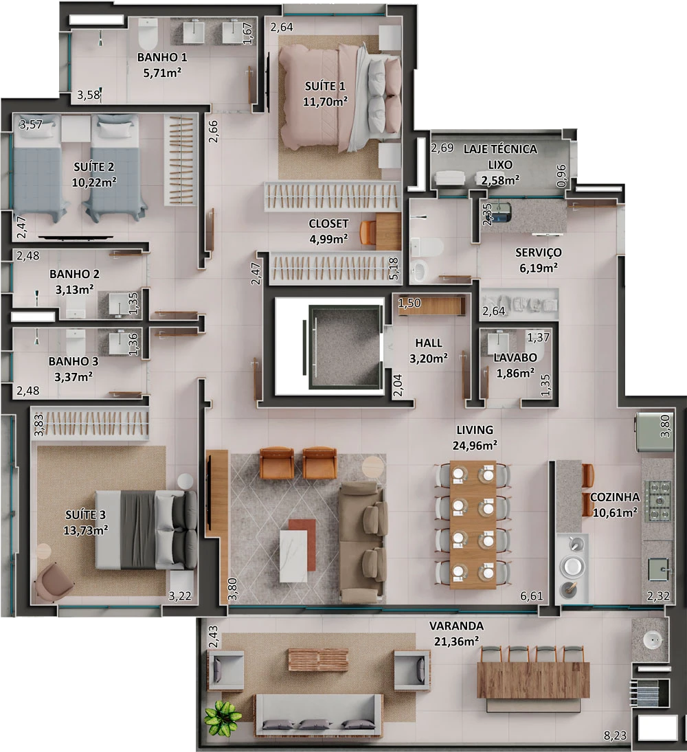 Planta tipo do apartamento do Diamond Park em Sorriso/MT da Sim Incorporadora