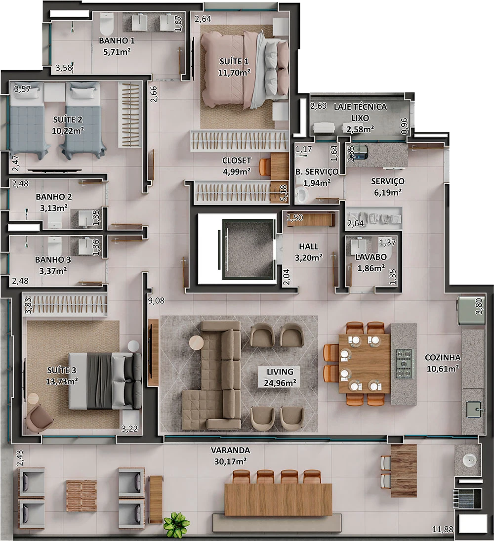 Planta tipo personalizada com integração da cozinha do apartamento do Diamond Park em Sorriso/MT da Sim Incorporadora
