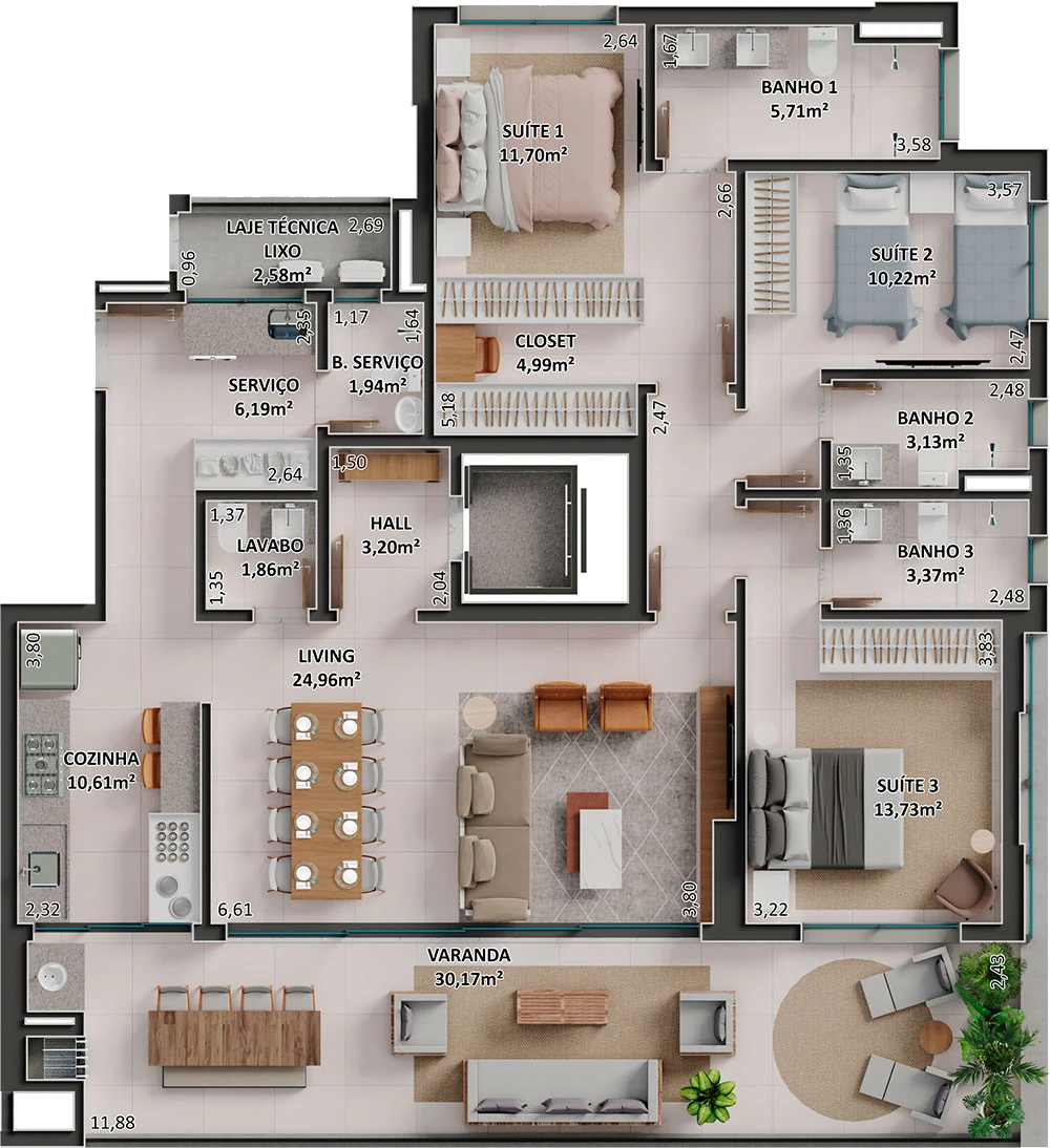 Planta tipo do apartamento do Diamond Park em Sorriso/MT da Sim Incorporadora