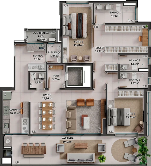 Planta tipo personalizada com quarto extendido do apartamento do Diamond Park em Sorriso/MT da Sim Incorporadora