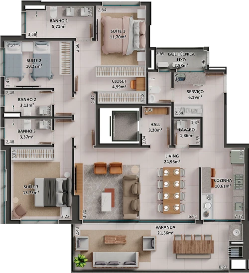 Planta tipo do apartamento do Diamond Park em Sorriso/MT da Sim Incorporadora