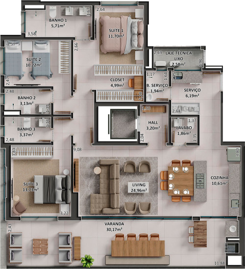 Planta tipo personalizada com integração da cozinha do apartamento do Diamond Park em Sorriso/MT da Sim Incorporadora