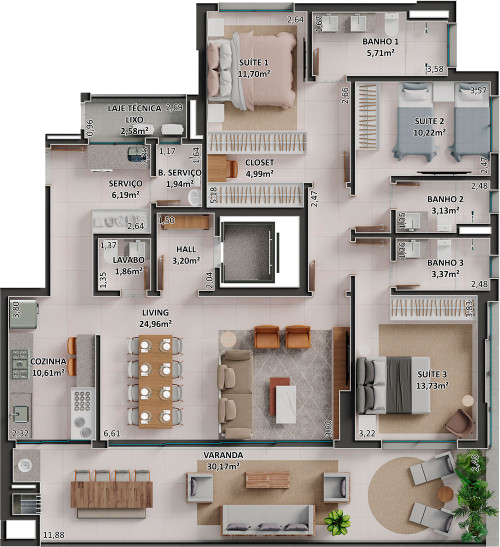 Planta tipo do apartamento do Diamond Park em Sorriso/MT da Sim Incorporadora